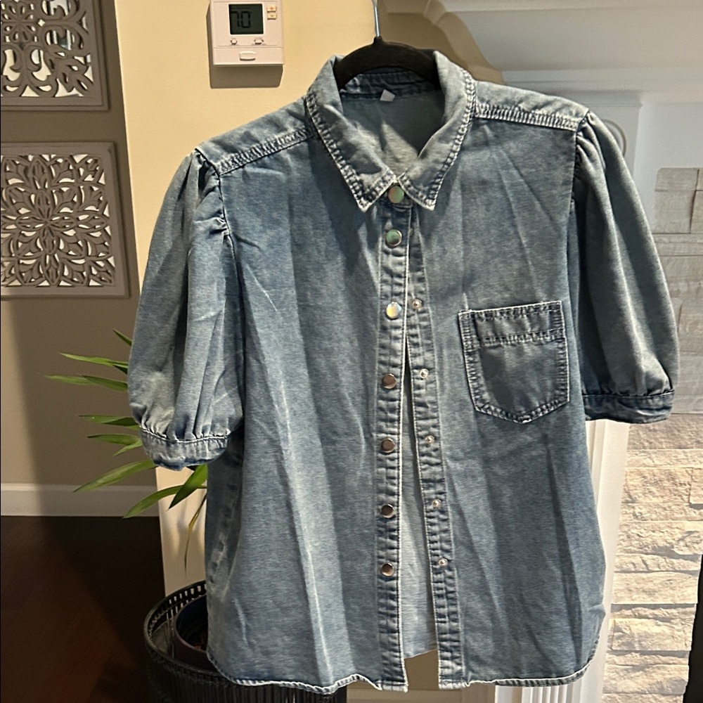 Denim Shirt with Puff Sleeves